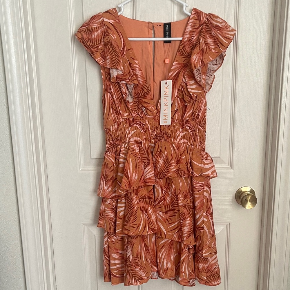 MINKPINK Women's Montego Coral Leaf Print Mini Dress Size M NWT